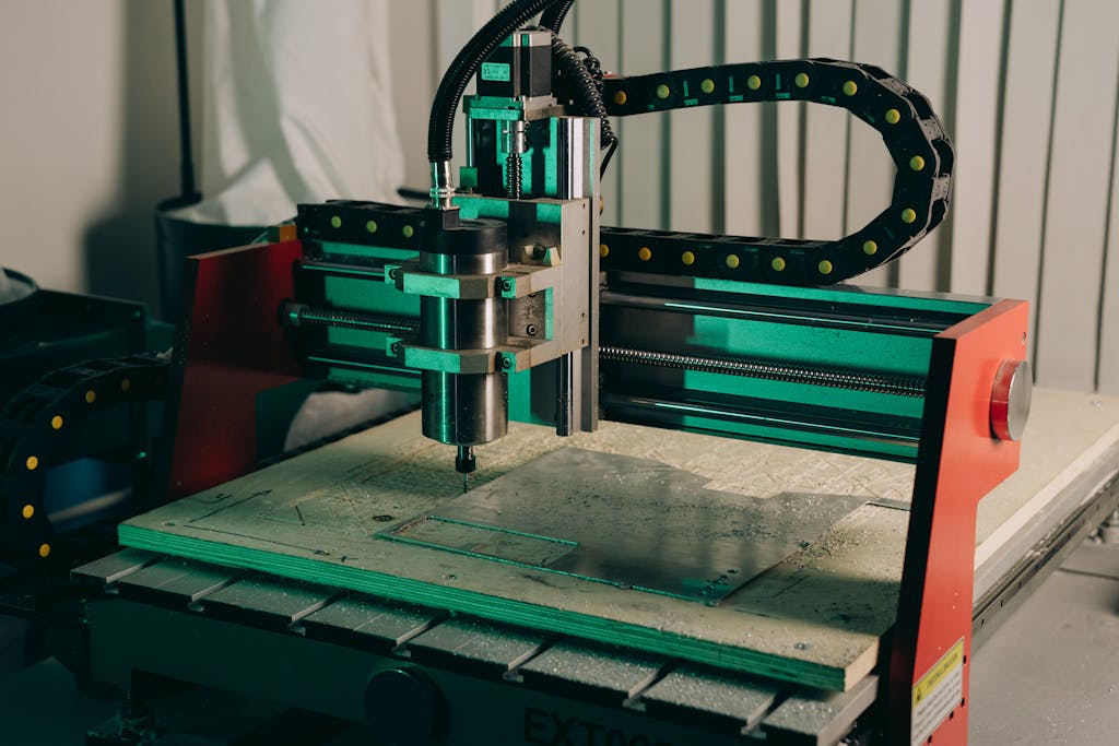 Close-up of a CNC machine in action in an industrial setting.